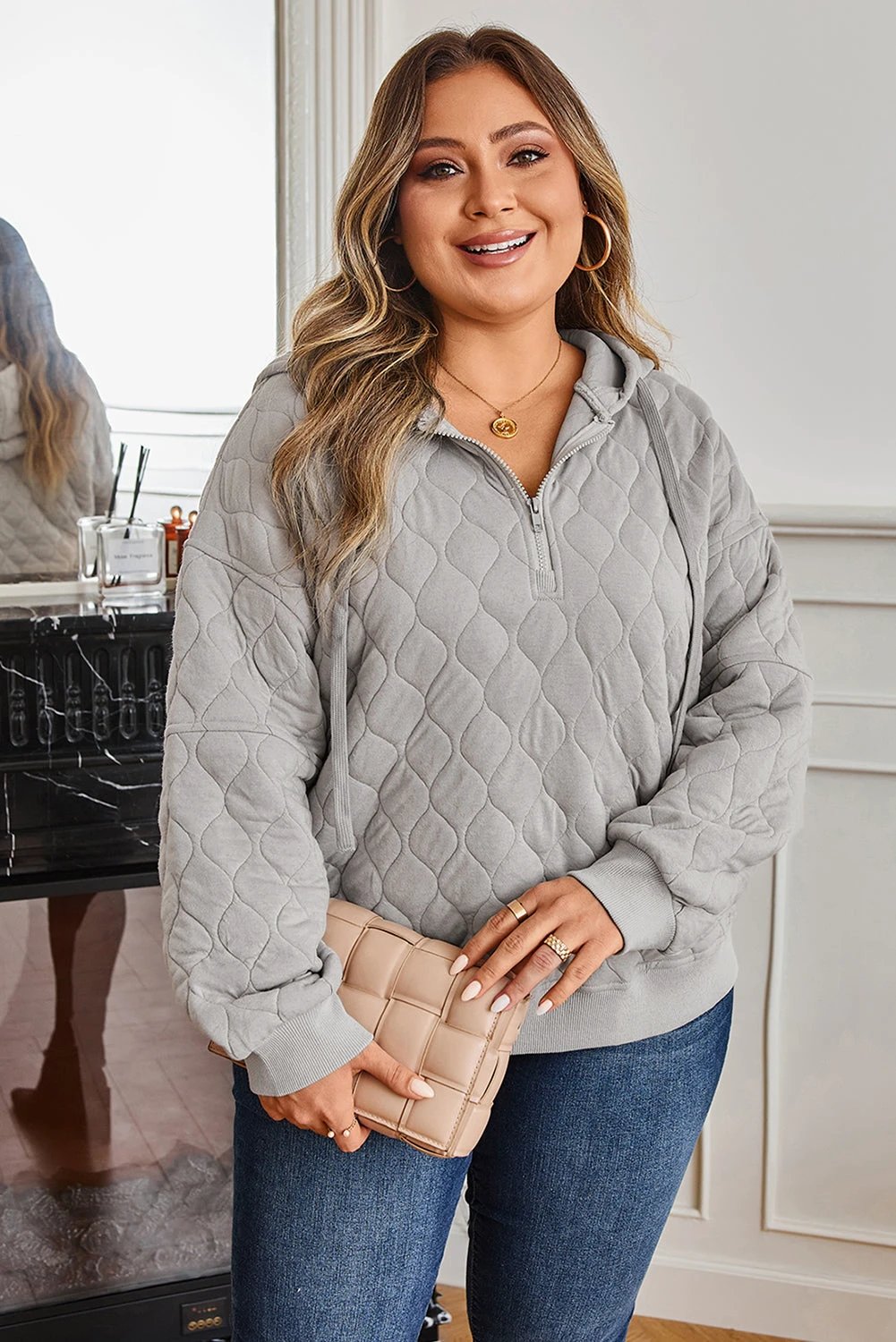 gray quilted quarter zip plus size hoodie for women casual everyday outfit