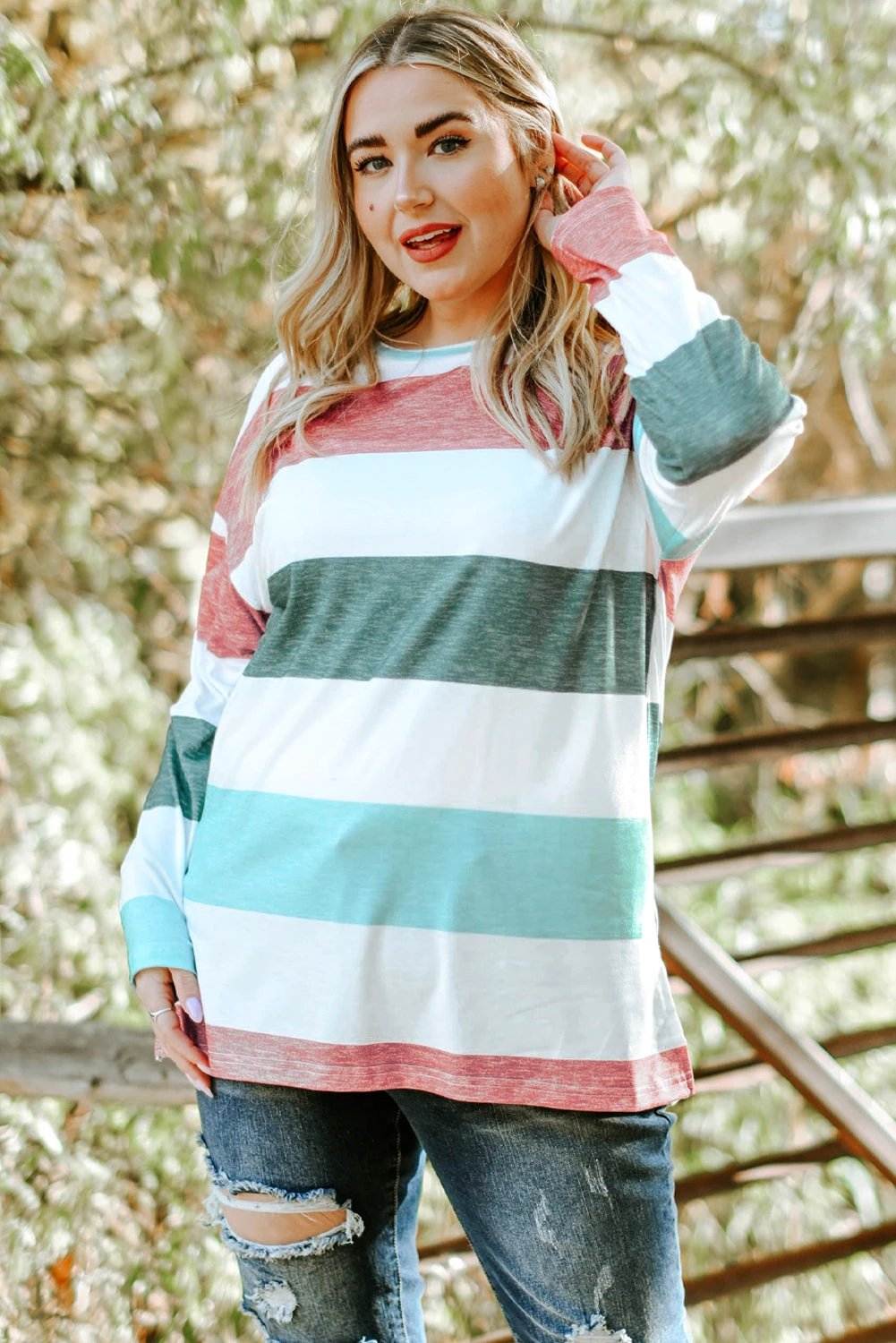 green plus size colorblock pullover top for women casual everyday outfit