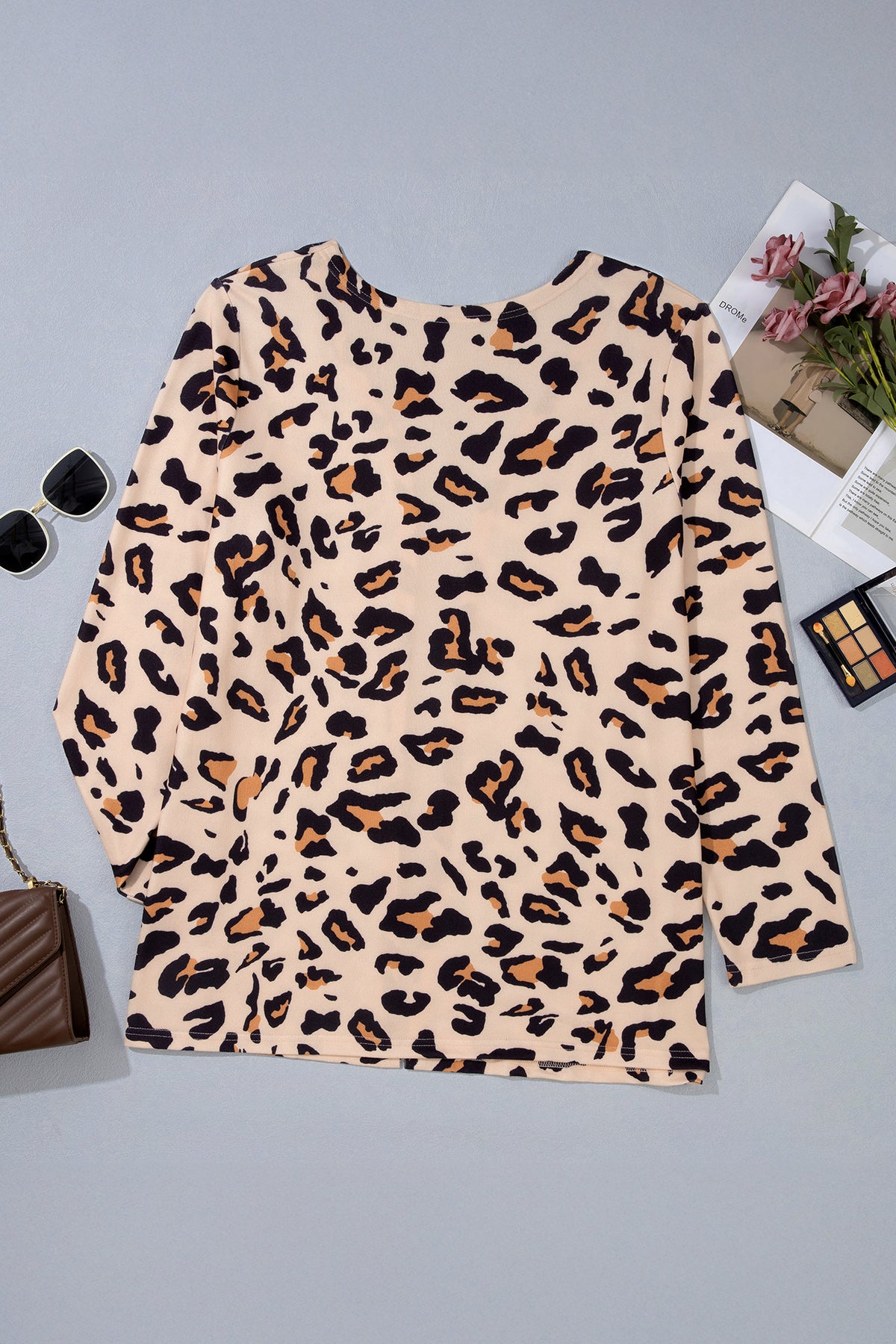 Plus Size Leopard Print Long Sleeve V-Neck Tunic Cardigan