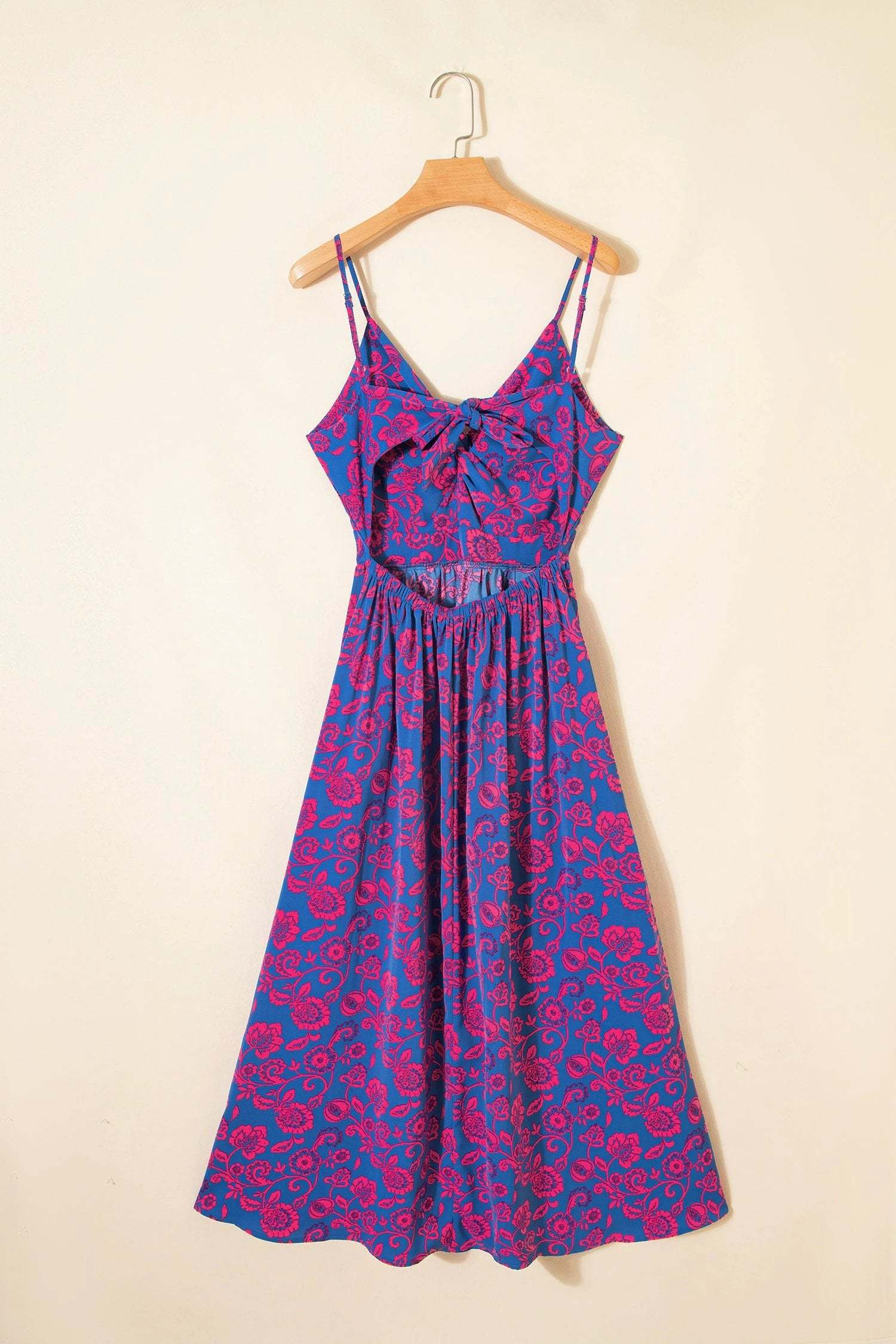 blue floral print twisted v neck tied backless maxi dress for women casual everyday outfit