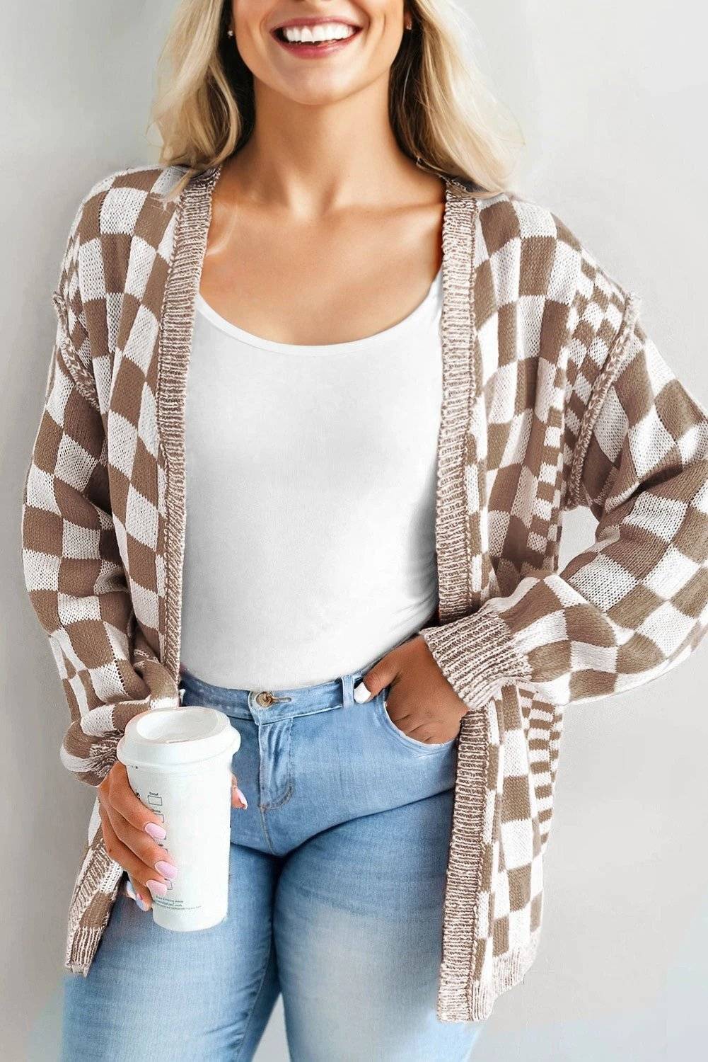 orange plus size checkered bubble sleeve drop shoulder open cardigan for women casual everyday outfit