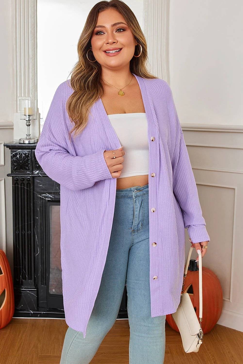 Plus size waffle knit lavender cardigan with button front and longline relaxed fit