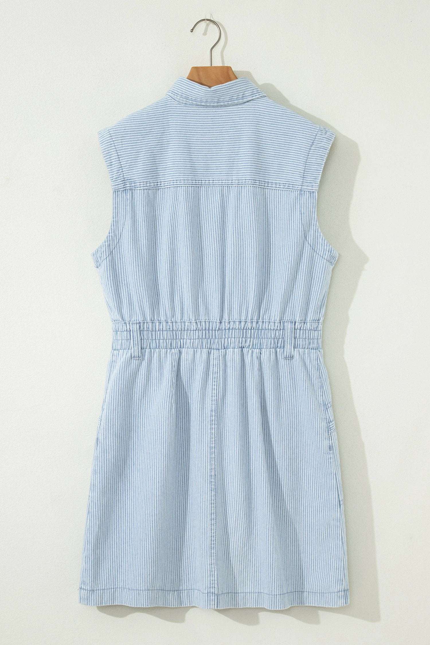sky blue stripe collared button front sleeveless denim mini dress for women casual everyday outfit