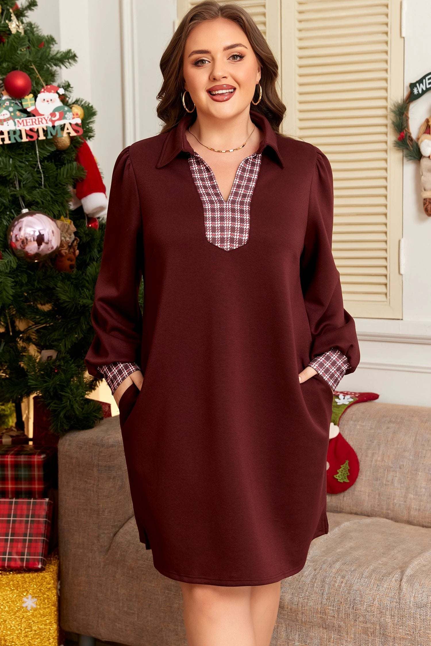 Plus size plaid trim patchwork collared shift mini dress with relaxed fit and soft knit fabric