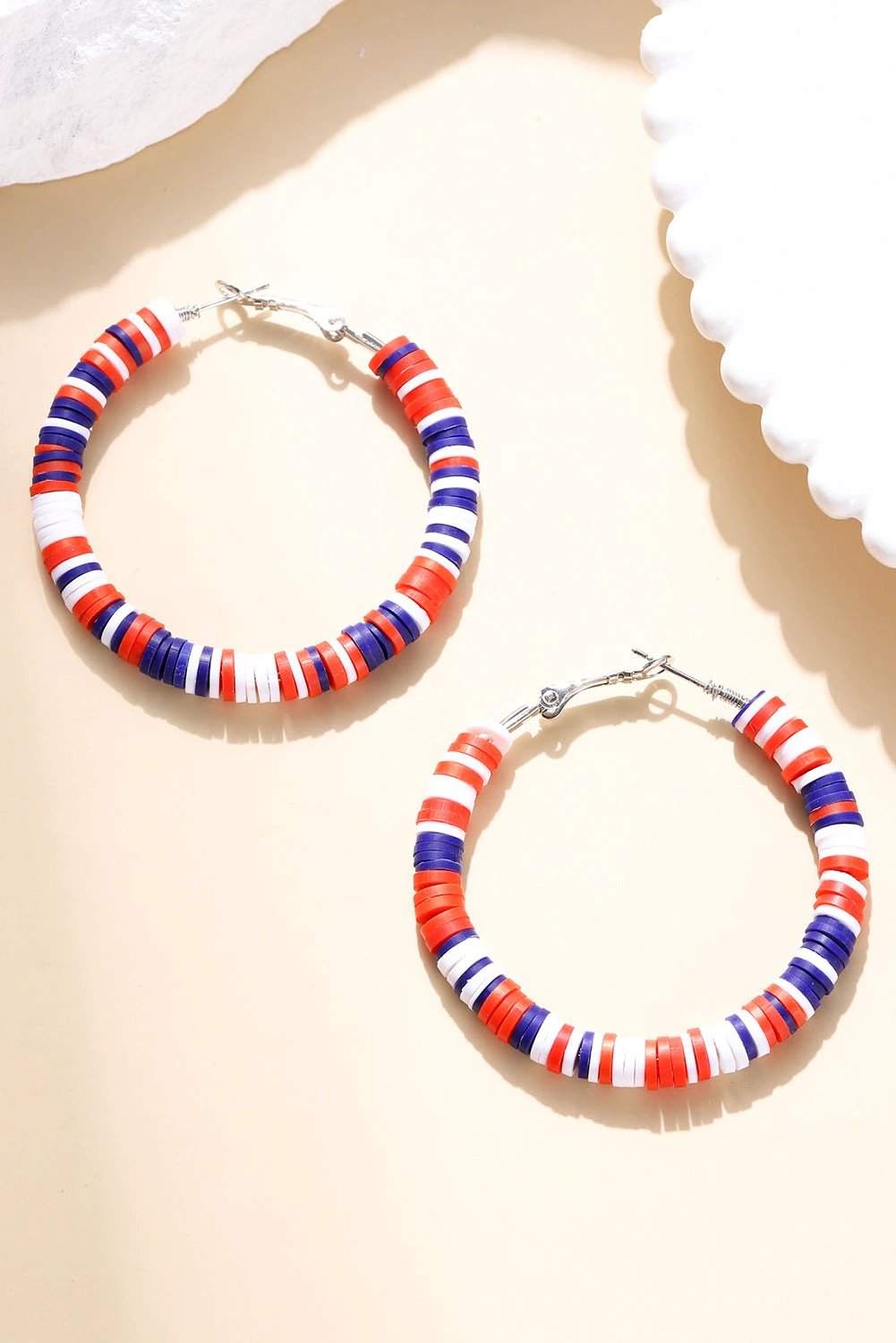 Patriotic Party multicolored red white and blue bead hoop earrings with lightweight design