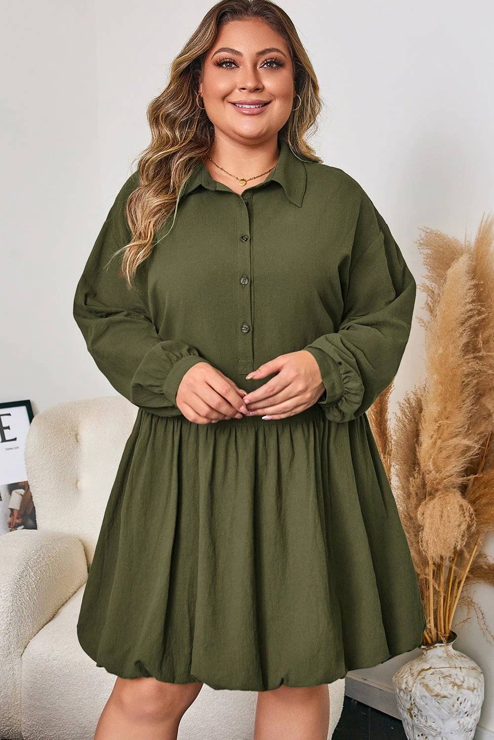 Plus size olive-green collar button-front long sleeve mini dress with ruffle hem by Weekend Pretty