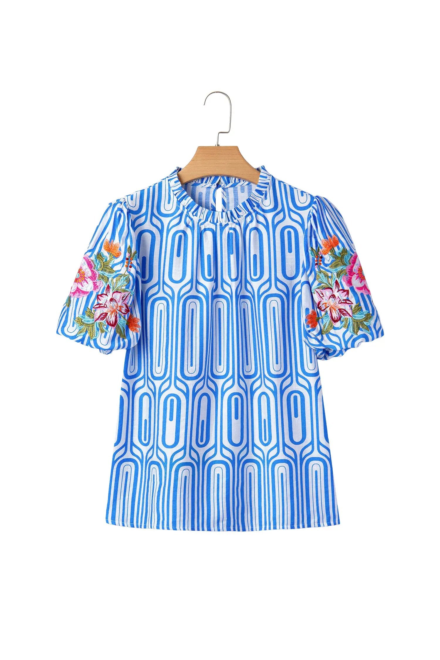 sky blue unique geometry print floral embroidered puff sleeve blouse for women casual everyday outfit