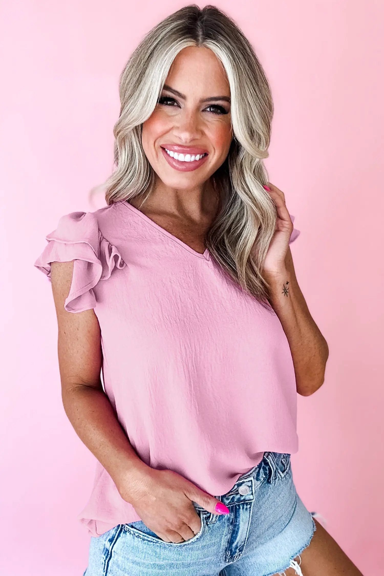 Pink bonbon solid color ruffle trim V-neck tank top with loose fit and flutter sleeves for casual wear