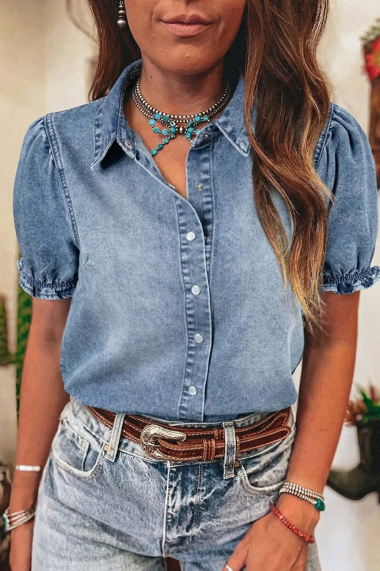 Blue denim Western Chic shirt with frilled short sleeves and snap buttons