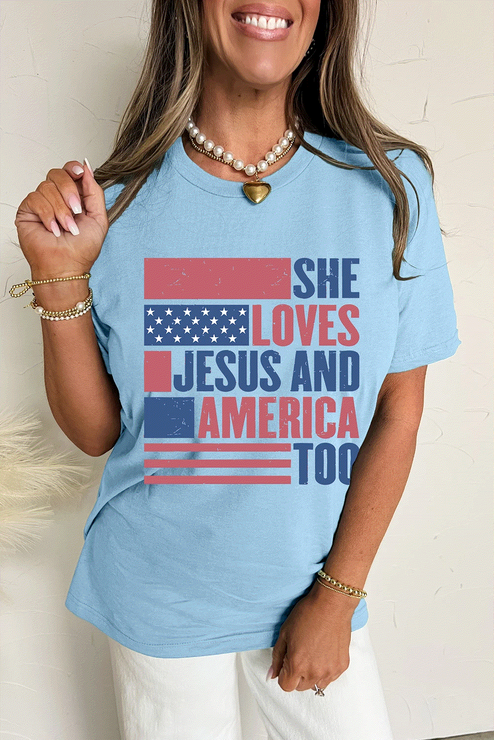 light blue she loves jesus and america too flag graphic t shirt for women casual everyday outfit