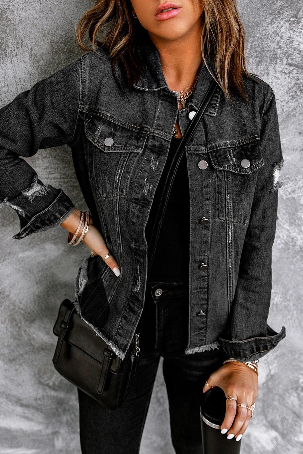  distressed denim jacket for women casual everyday outfit
