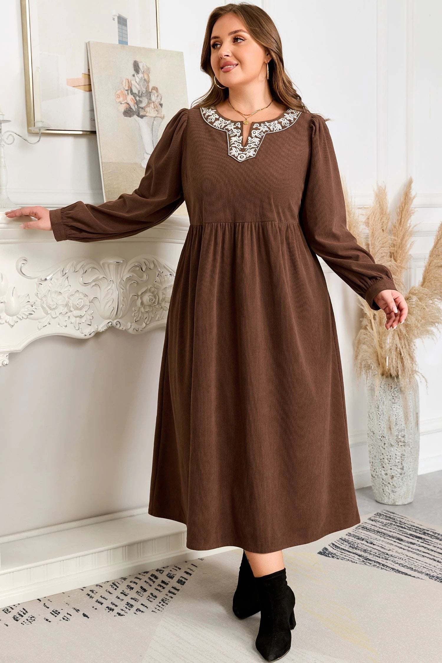 Plus size embroidered notched-neck midi dress with main character energy and feminine charm