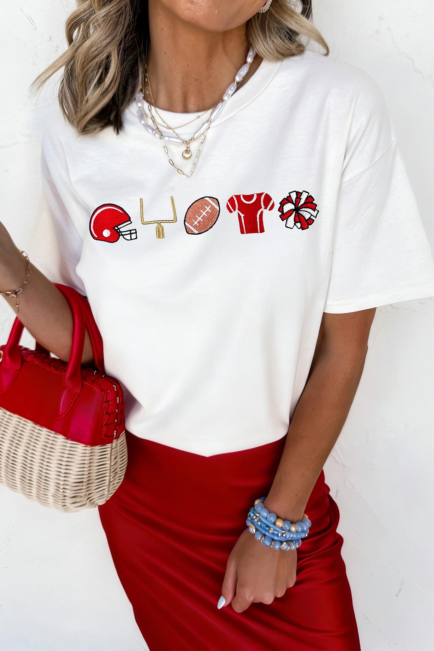 White Embroidered Game Day Theme Football Graphic Tee