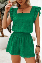 Dark Green Textured Square Neck Top and Shirred High Waist Shorts Set