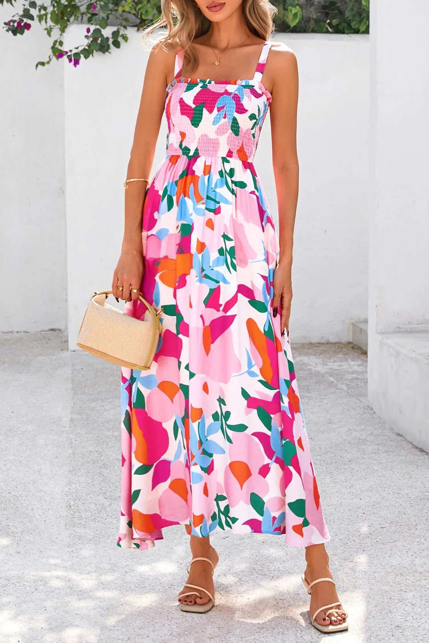 Floral High-Waist Sundress with adjustable straps and smocked bodice