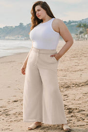 Plus size mom chic smocked high-waist wide-leg linen-blend pants in beige