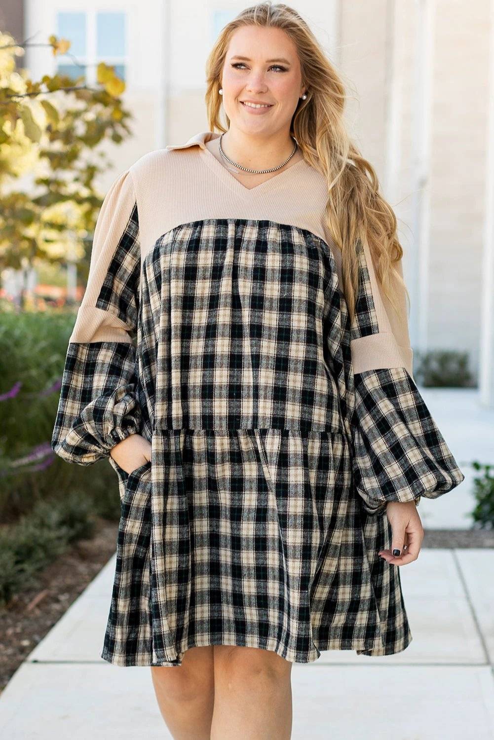 Plus size plaid waffle knit patchwork collared V neck mini dress embodying main character energy
