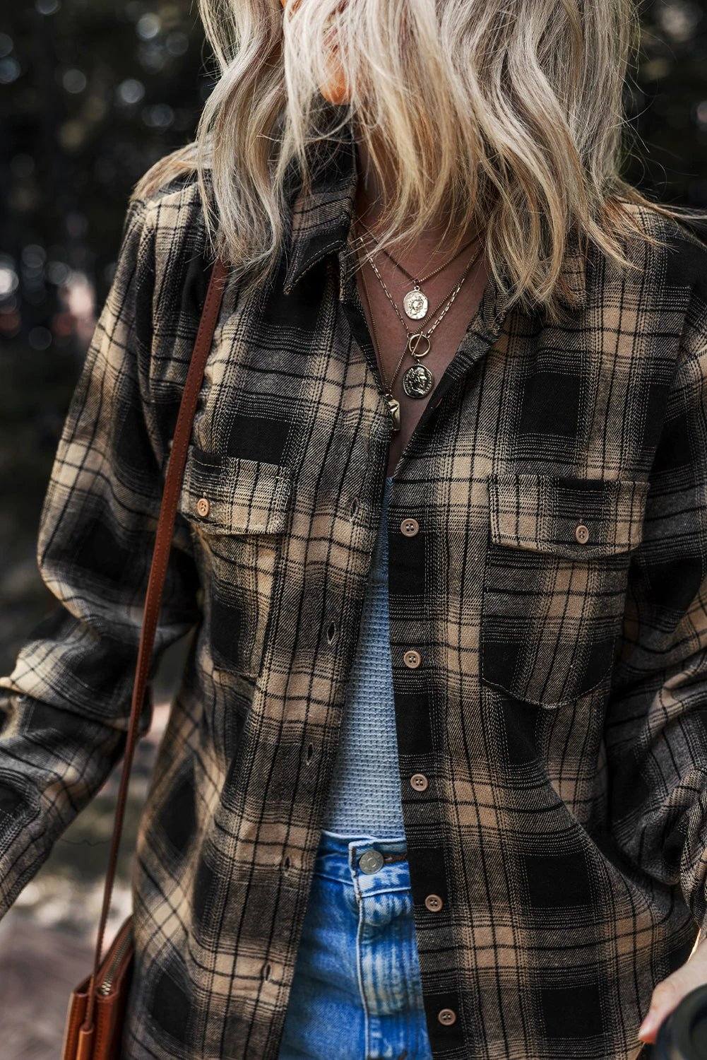 Retro plaid shacket with double flap pockets and brushed fabric for cozy everyday style