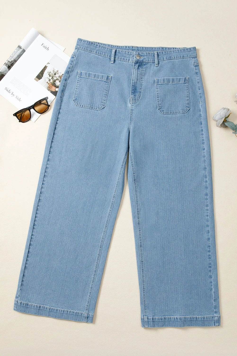 Plus size patch pocket textured wide leg jeans for comfortable everyday style