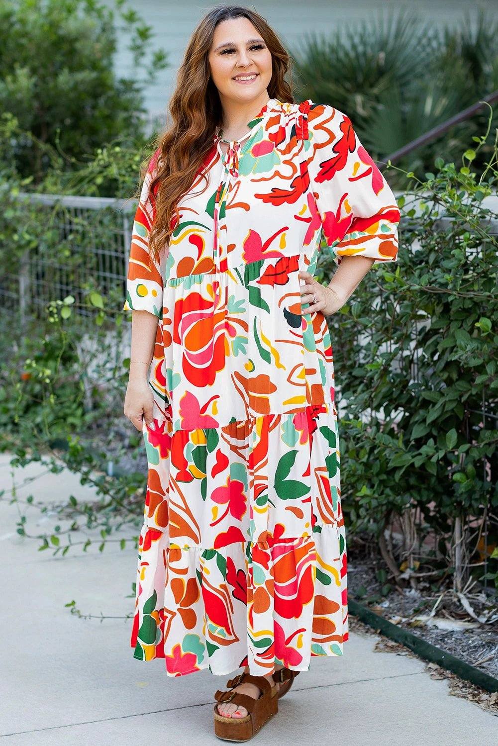 orange floral print drawstring v neck tiered plus size dress for women casual everyday outfit