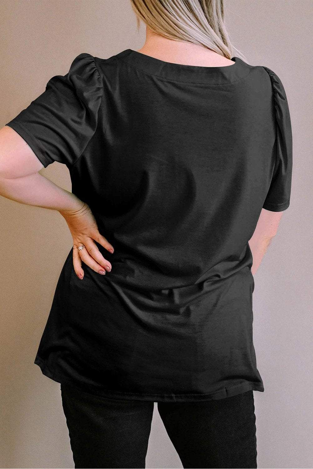 Dear-Lover Dropshipping Green Plus Size Square Neck Ruched Shoulder Short Sleeve Top - Plus Size/Plus Size Tops/Plus Size Tops & Tees