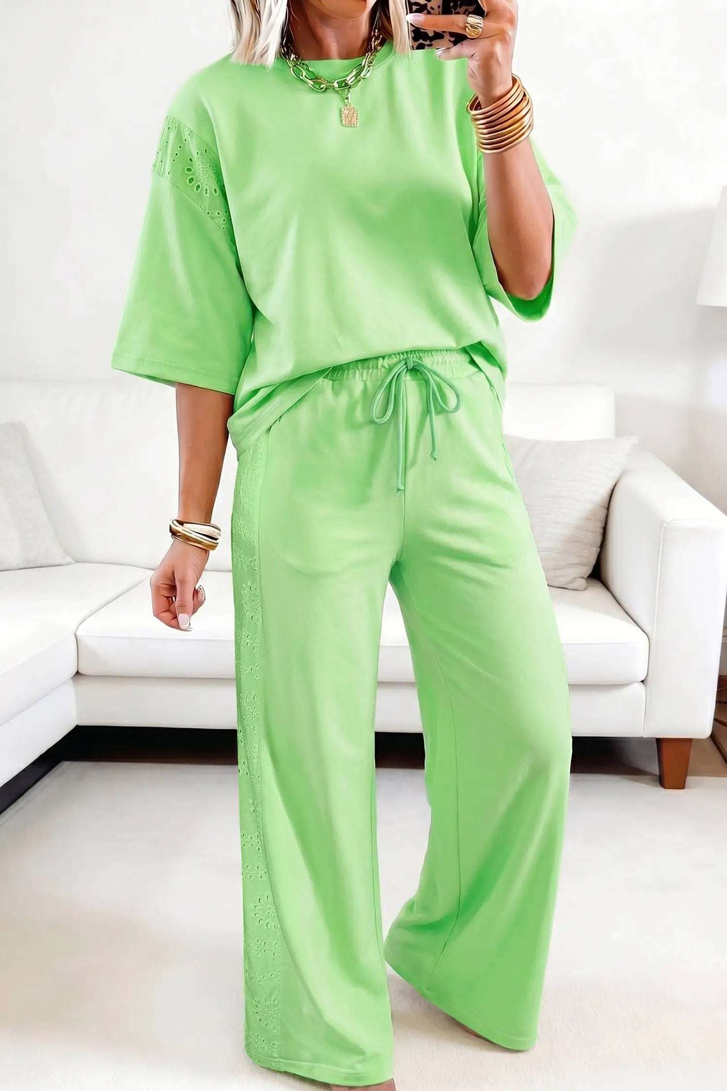 Two-Piece Lace Outfit Set with patchwork top and elastic-waist pants
