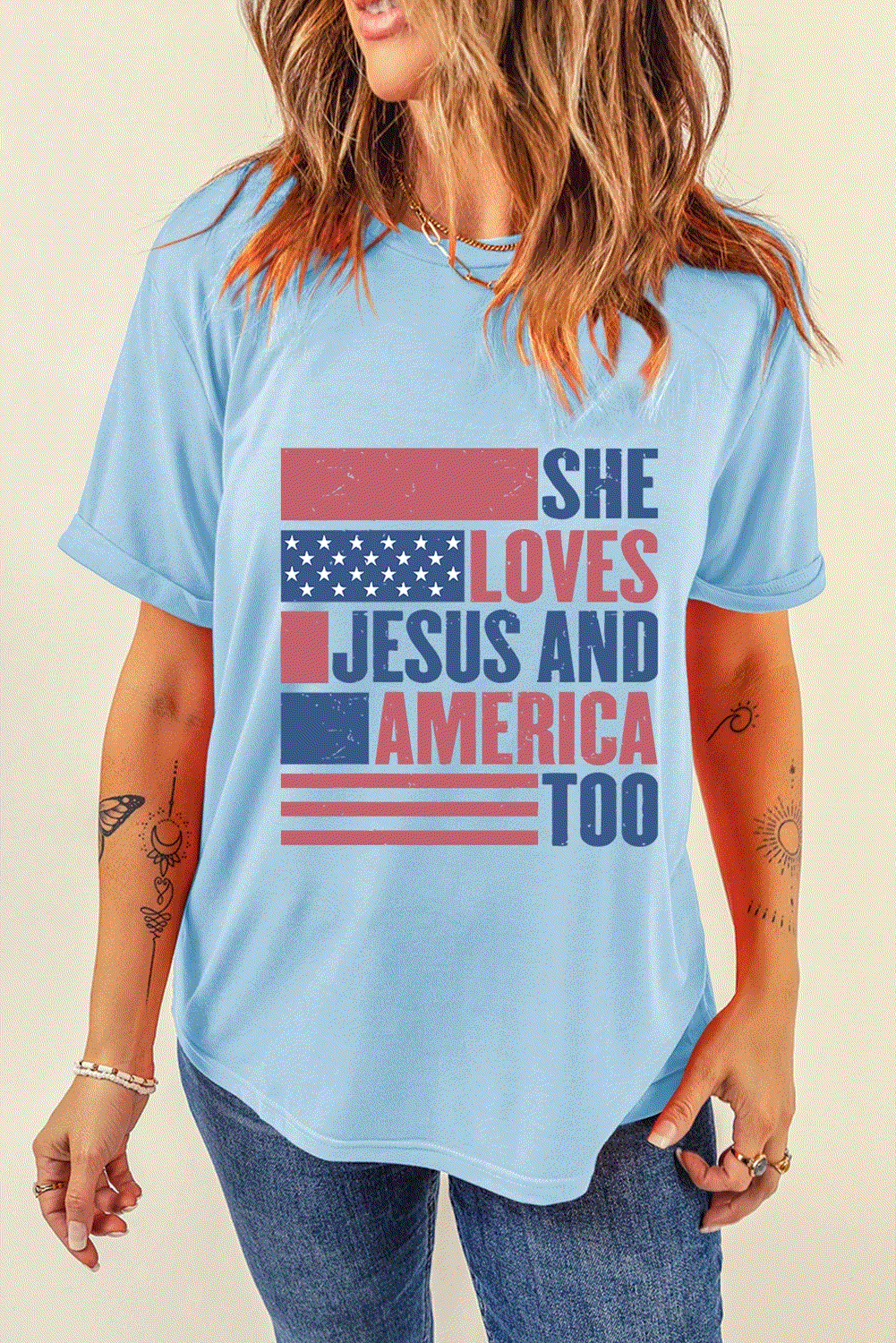 light blue she loves jesus and america too flag graphic t shirt for women casual everyday outfit