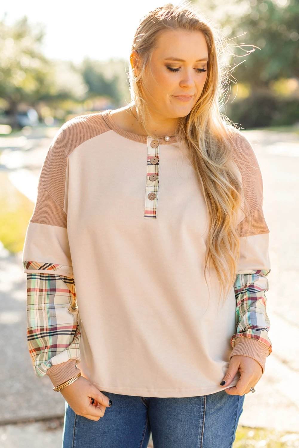 Plus size Everyday Diva plaid color-block layered Henley top with patchwork sleeves and relaxed fit