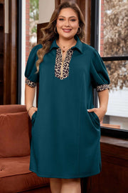 Plus size sea green leopard patchwork quarter zip collared mini dress with puff sleeves and side pockets