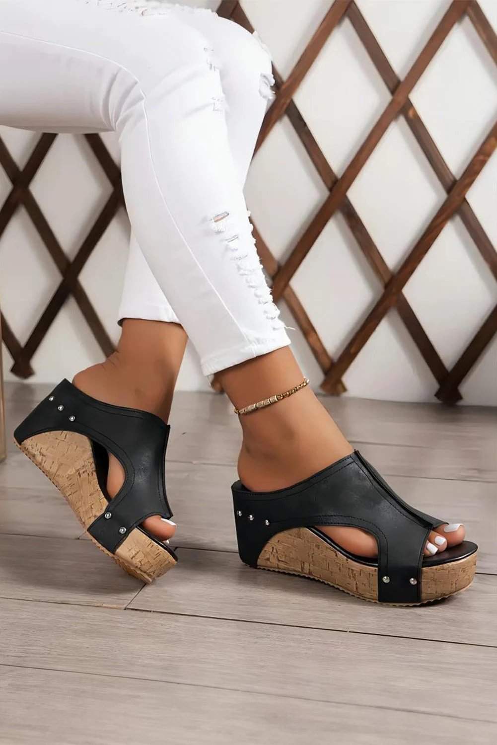 black hollow out studded pu leather wedge slippers for women casual everyday outfit