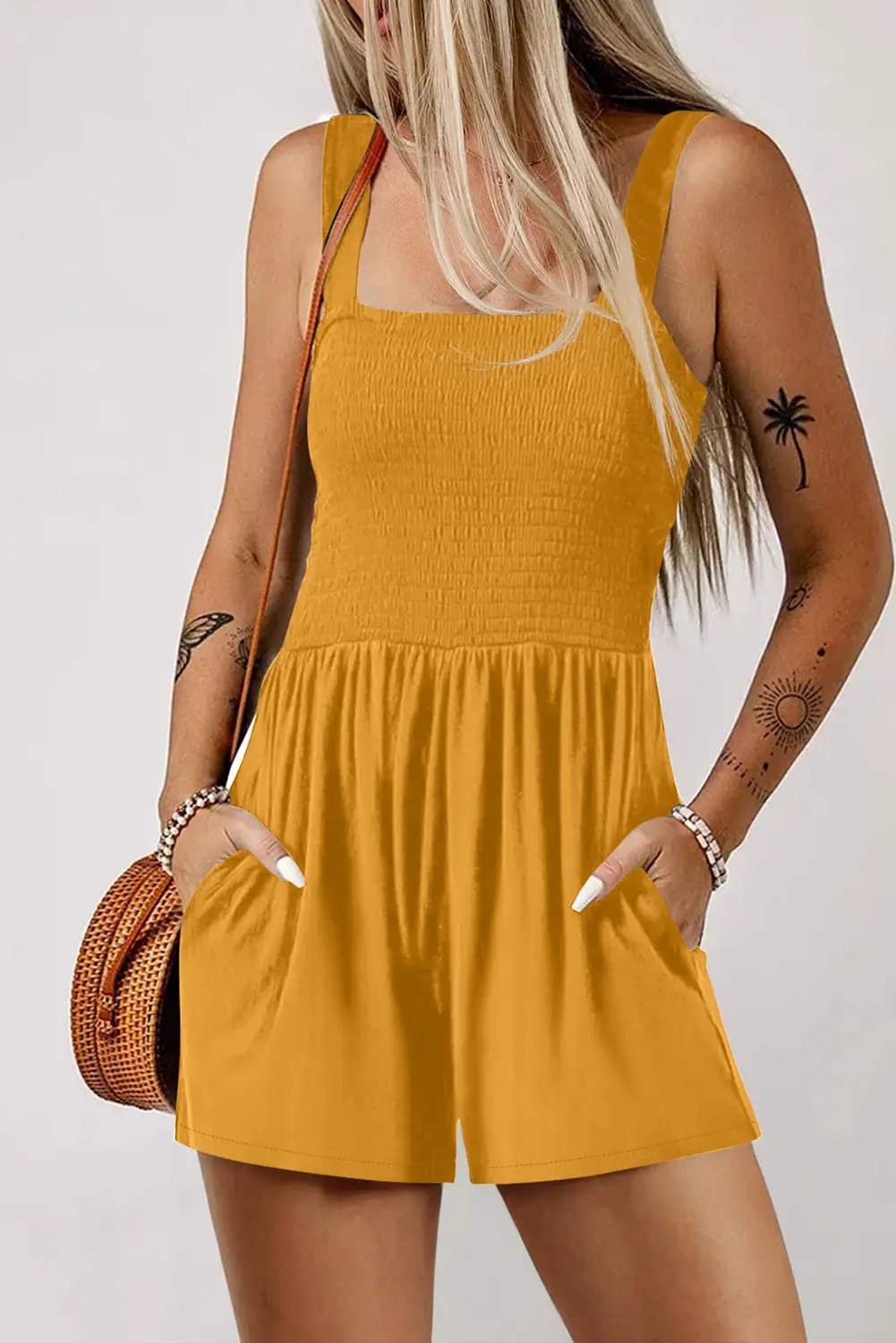 pocketed smocked romper