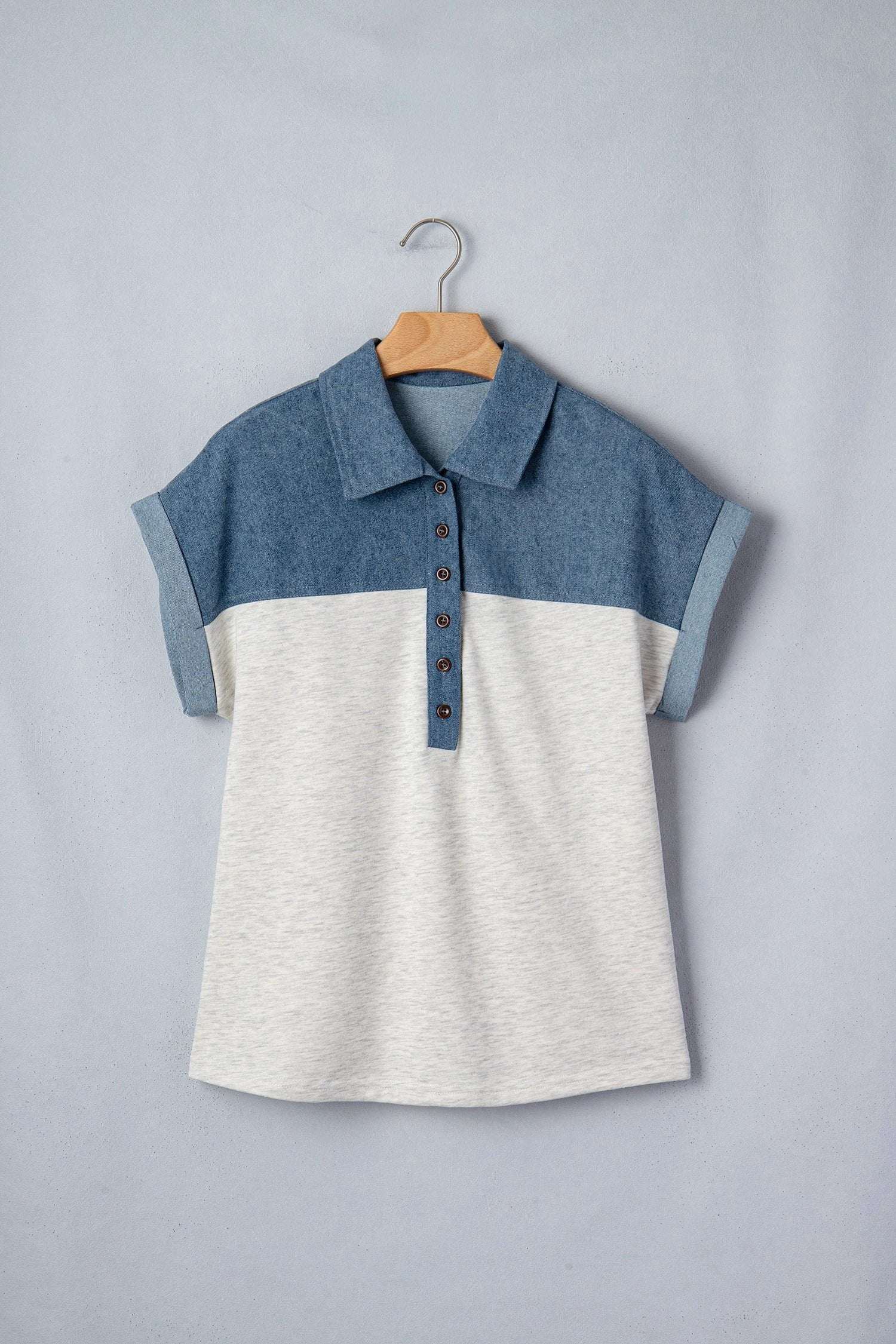 Western Chic color block denim patchwork polo collar short sleeve top