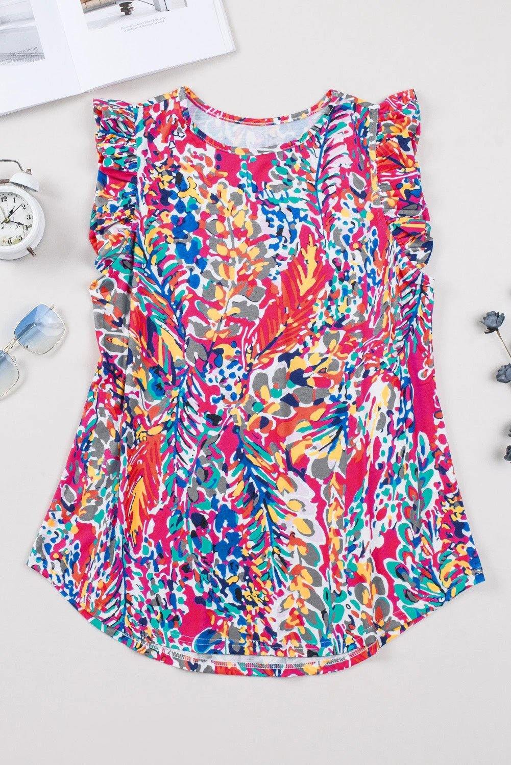 Southern Chic floral print tank top with flutter ruffle sleeves and lightweight breathable fabric