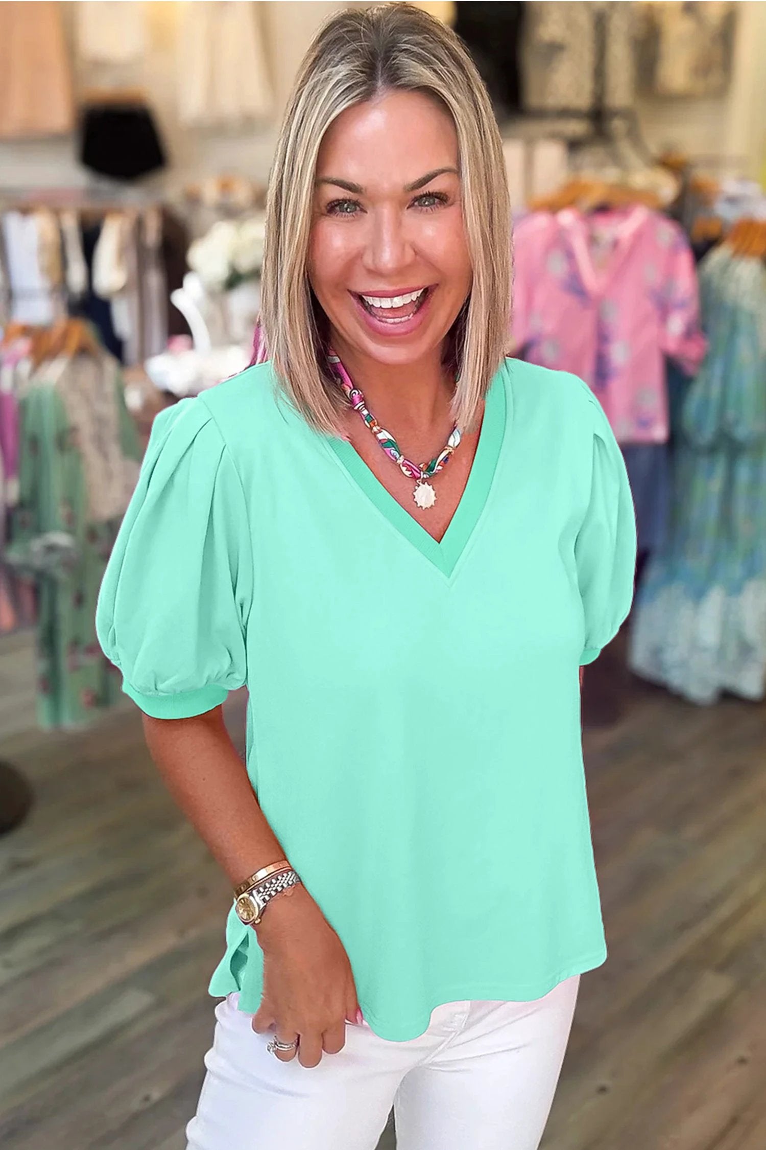 mint green solid color v neck short puff sleeve blouse for women casual everyday outfit