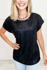 Weekend Ready metallic round neck cap sleeve tee with subtle sparkle and relaxed fit