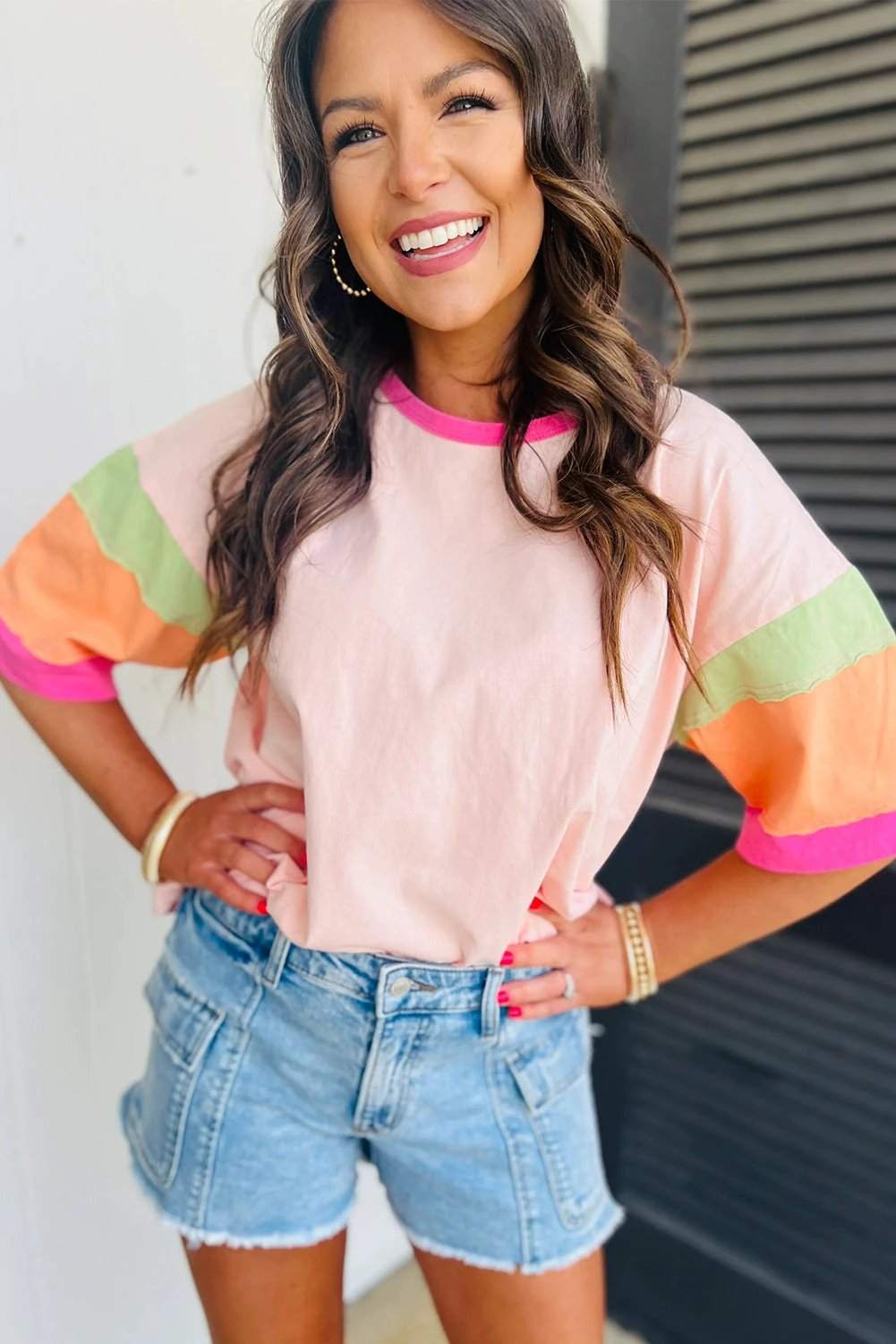 Pink Colorblock stitching sleeve round neck oversize top for women casual everyday outfit