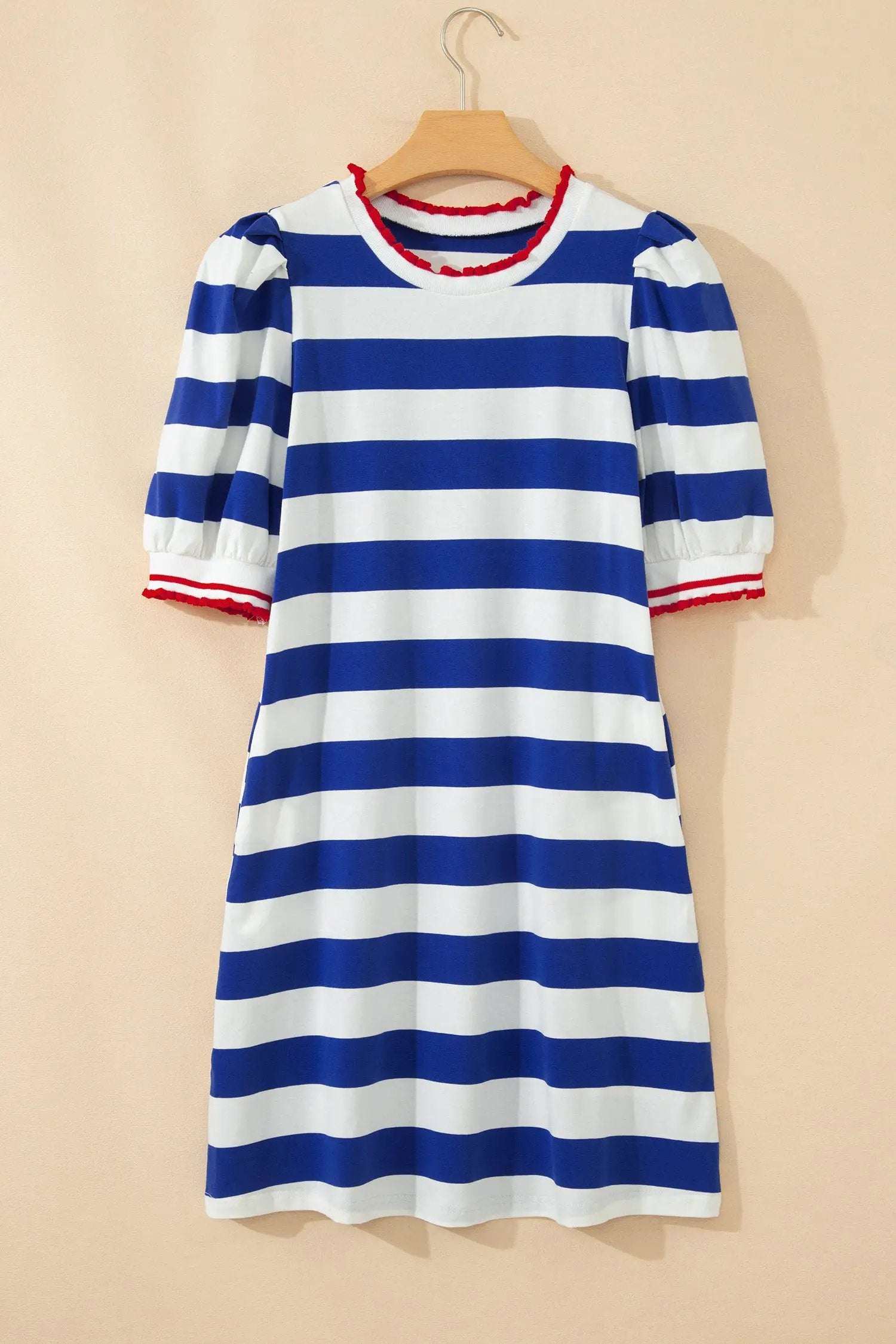 Dear-Lover Dropshipping Coastal Confidence | Striped Round Neck Puff Sleeve Mini Dress With Contrast Trim - Dresses Dresses/Mini Dresses