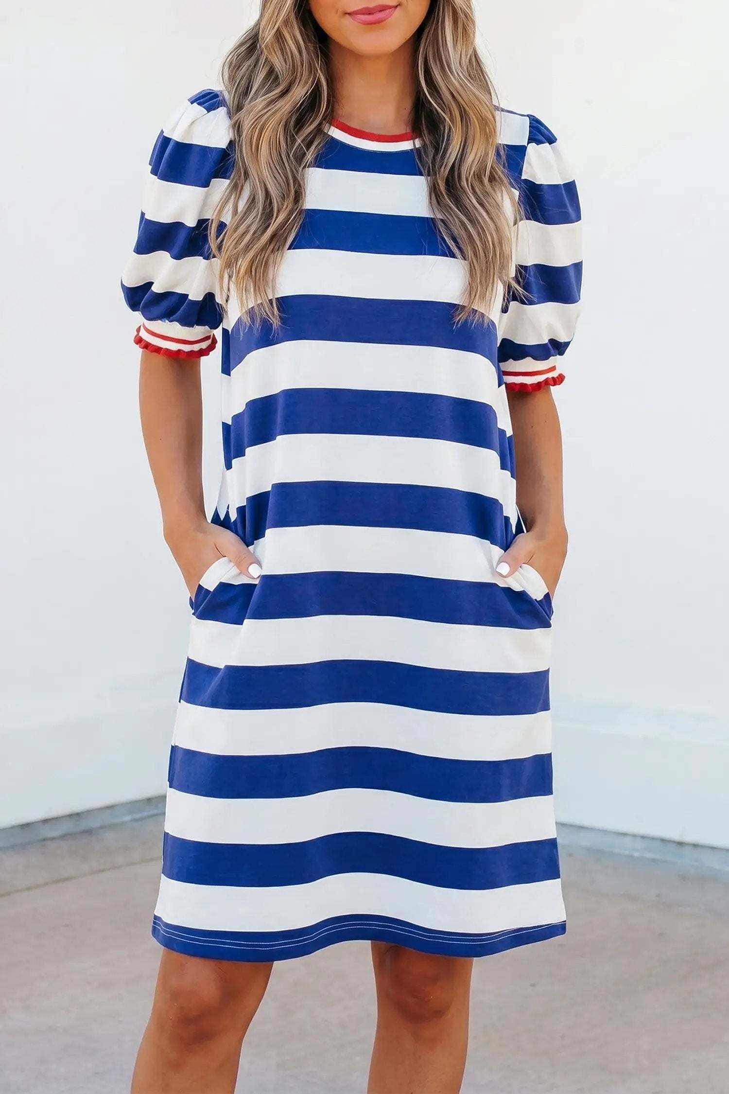 Dear-Lover Dropshipping Coastal Confidence | Striped Round Neck Puff Sleeve Mini Dress With Contrast Trim - Dresses Dresses/Mini Dresses