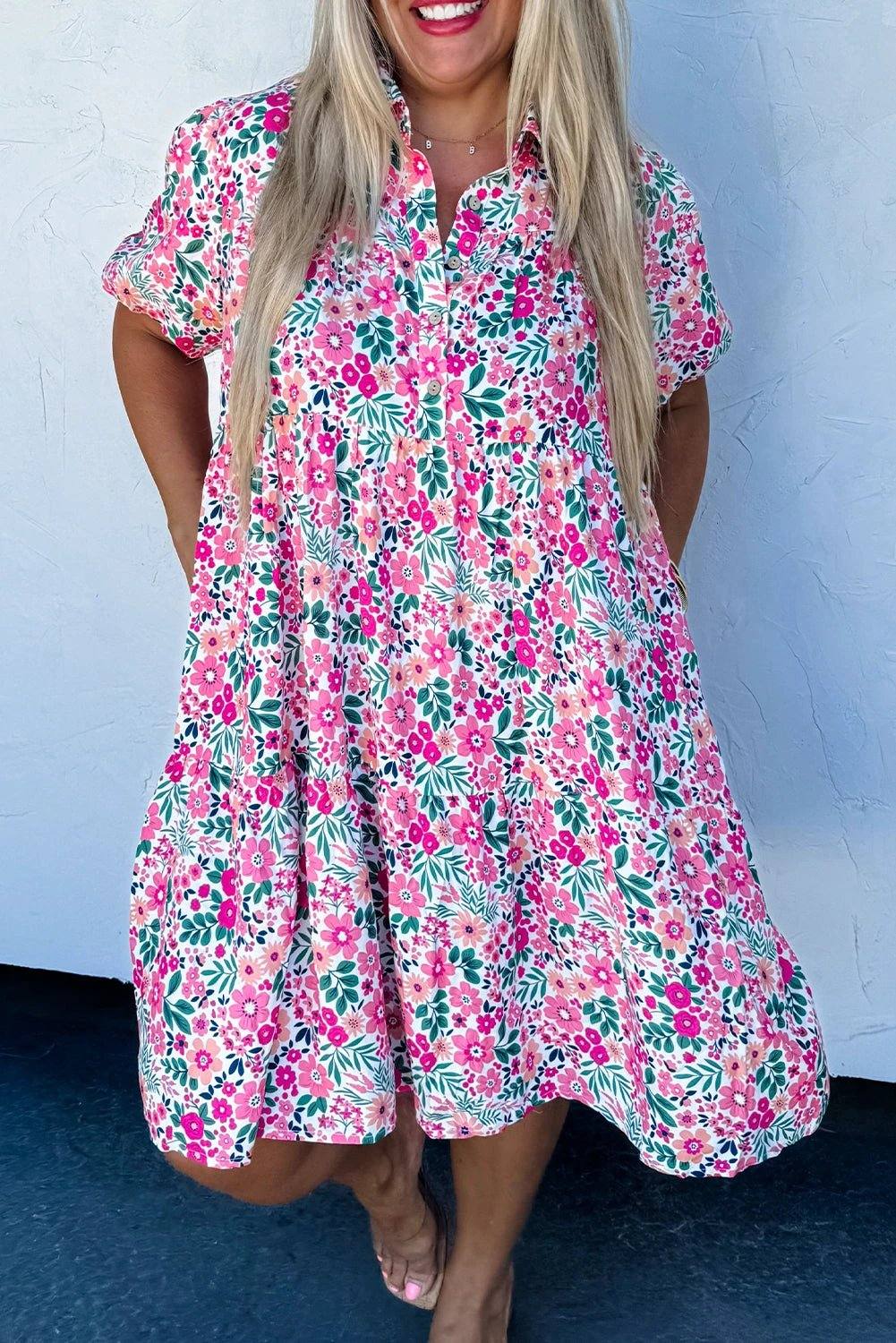 Dear-Lover Dropshipping Pink Plus Size Floral Half Button Short Puff Sleeve A-line Dress - Plus Size/Plus Size Dresses/Plus Size Mini Dresses