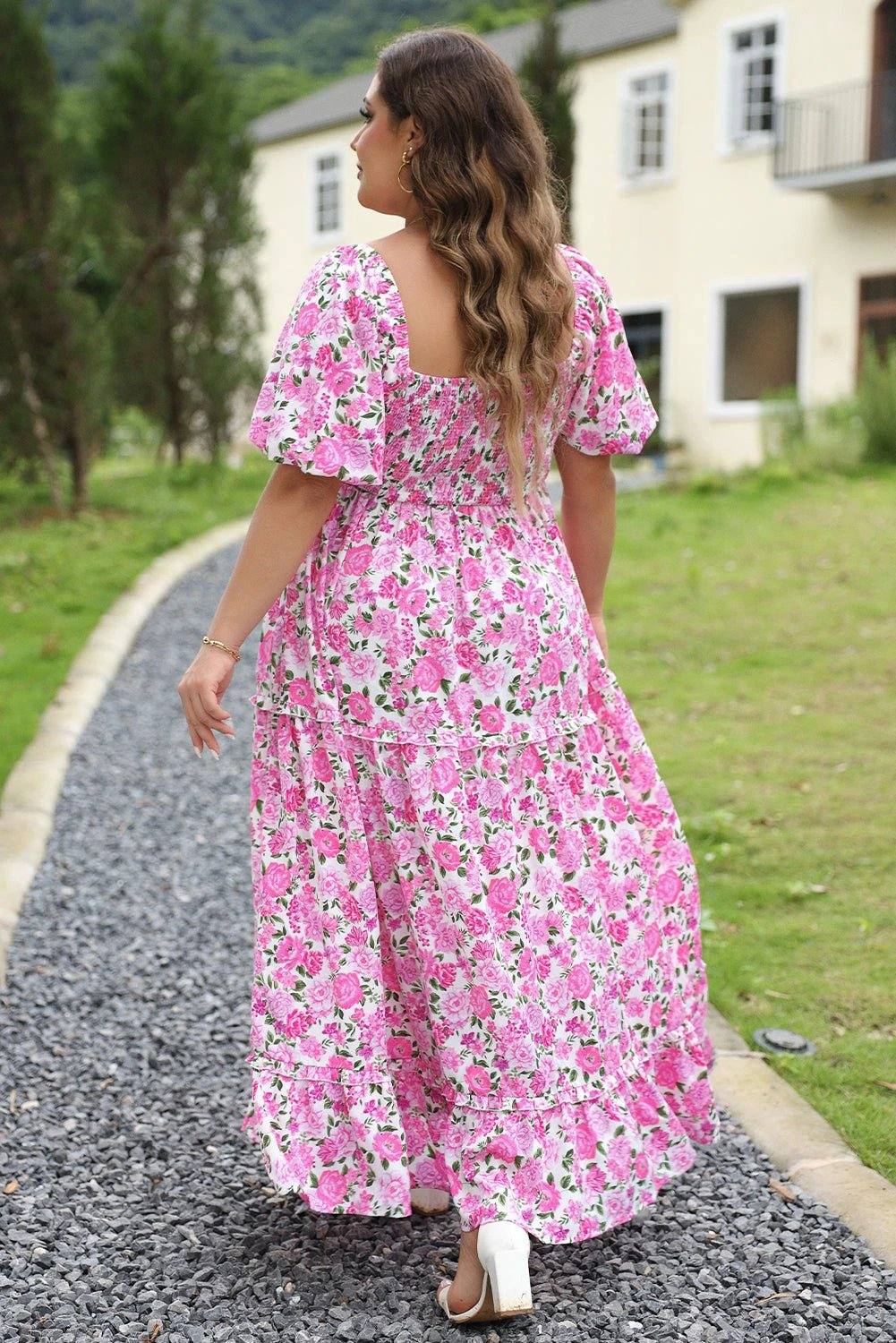 pink plus size floral print smocked puff sleeve dress for women casual everyday outfit