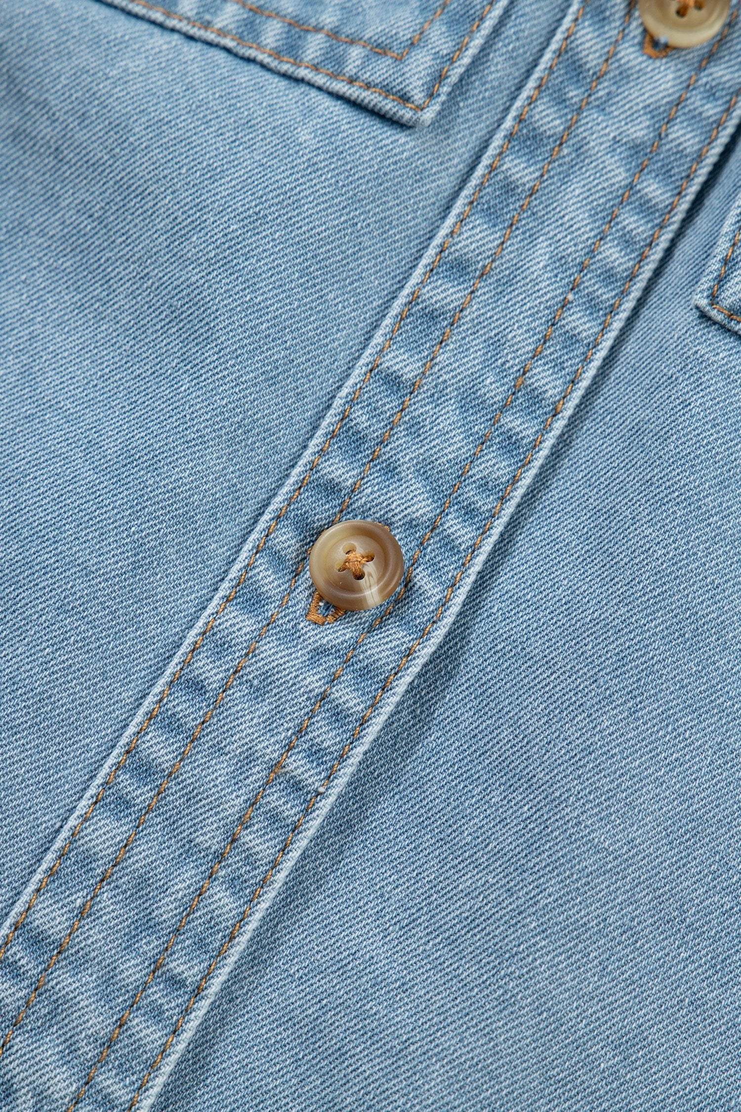denim ruffle detail short puff sleeve button down flap pocket denim shirt for women casual everyday outfit