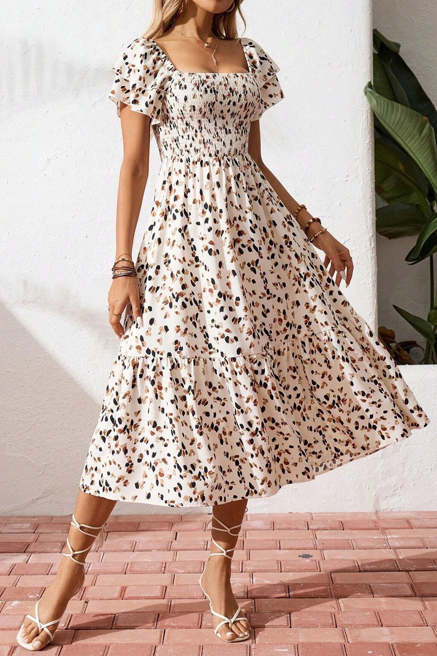 beige ditsy floral print smocked square neck ruffle short sleeve dress for women casual everyday outfit
