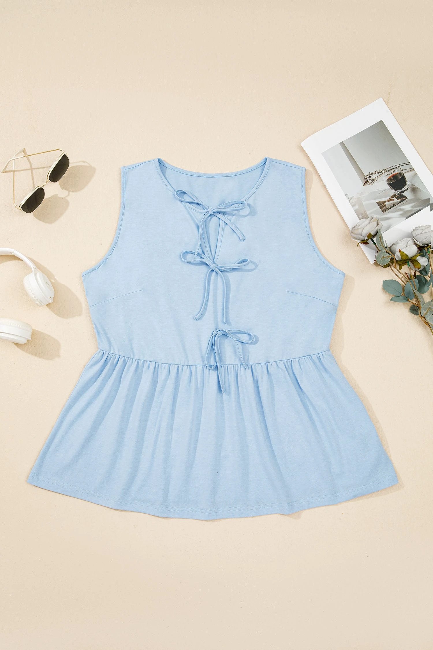 Dear-Lover Dropshipping Blue Sapphire Plus Size Solid Color Bow Tie Peplum Tank Top - Plus Size/Plus Size Tops/Plus Size Tank Tops
