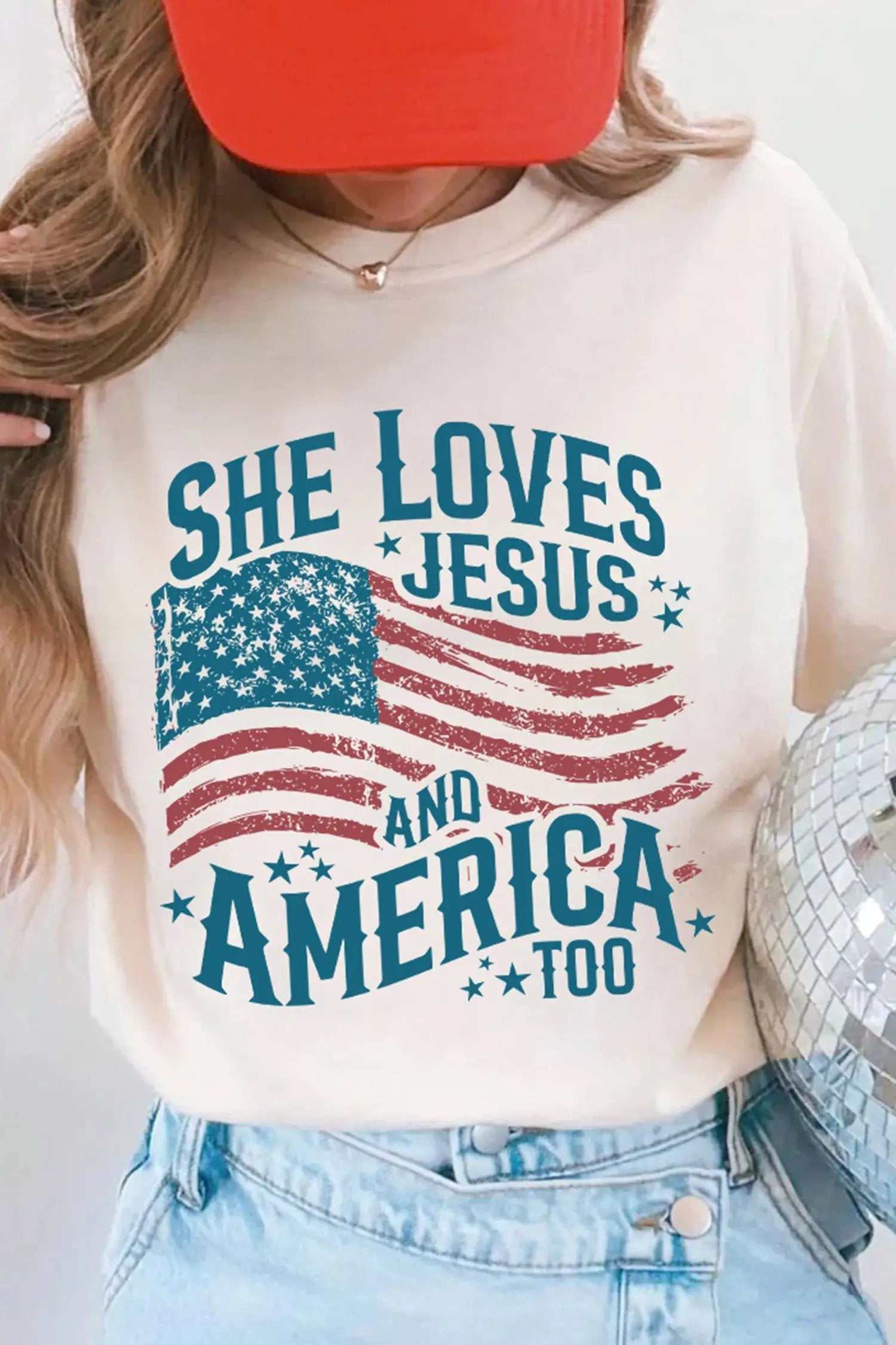 Patriotic Graphic Tee She Loves Jesus and America flag casual shirt