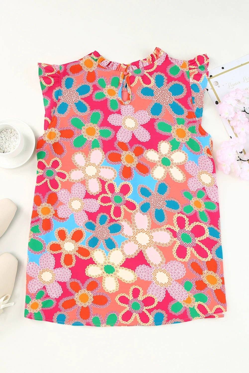 Pink embroidered floral print tank top with ruffle trim, sleeveless breathable fabric
