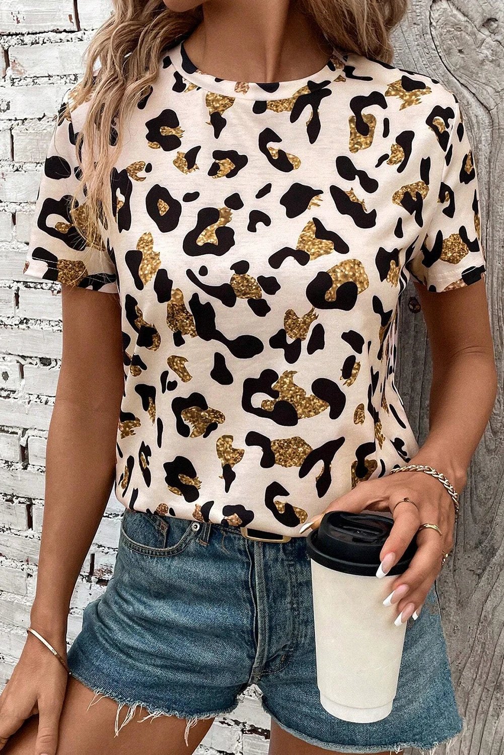 Apricot leopard print round neck graphic tee with gold accents for chic mom style