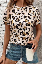 Apricot leopard print round neck graphic tee with gold accents for chic mom style