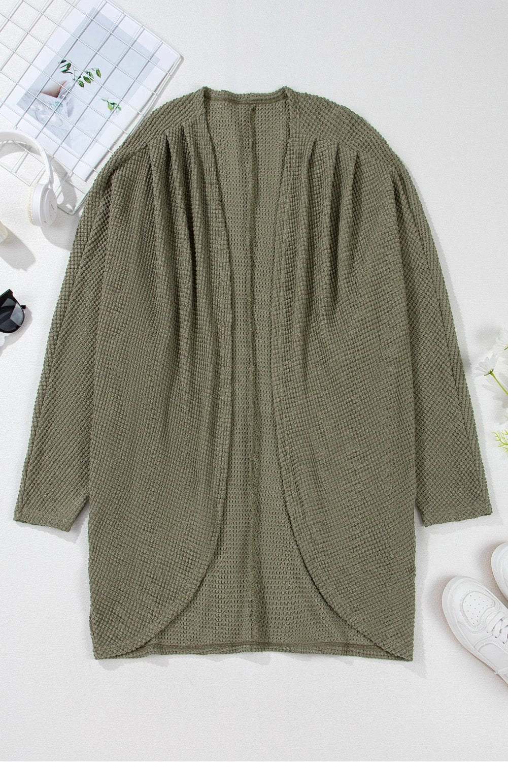 Plus size seagrass waffle knit cardigan with drop shoulder and front pockets