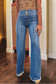 High waist button-fly flare wide-leg jeans with seamed front and raw hem