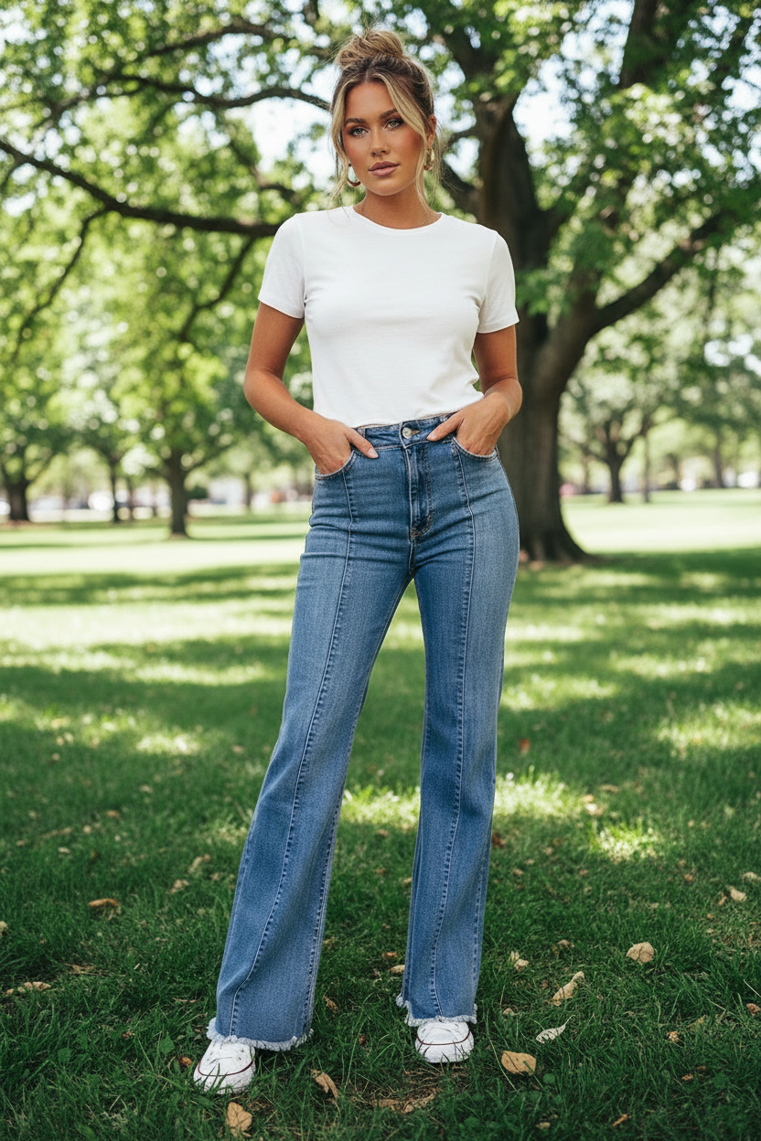 Blue High-Waisted Button Fly Seamed Raw Hem Flare Jeans